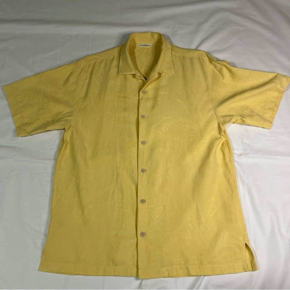 Tommy Bahama Silk Shirt Men’s Large Yellow Textured Short Sleeve Camp Casual - Picture 7 of 12